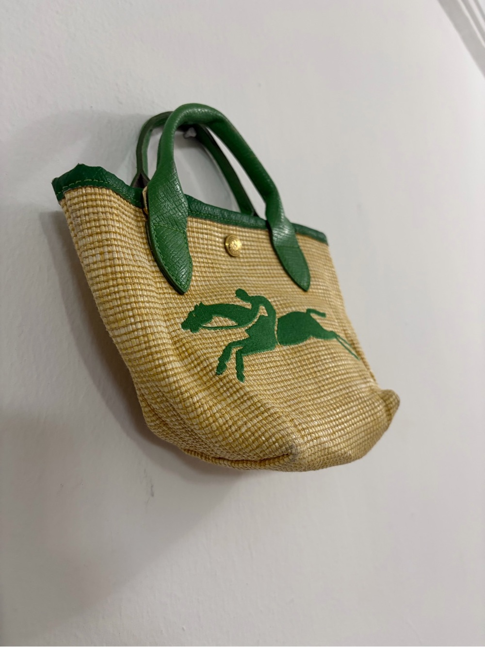 LONGCHAMP Le Panier Pliage Mini Straw Basket Tote Bag Green Horse Logo France - Picture 3 of 8